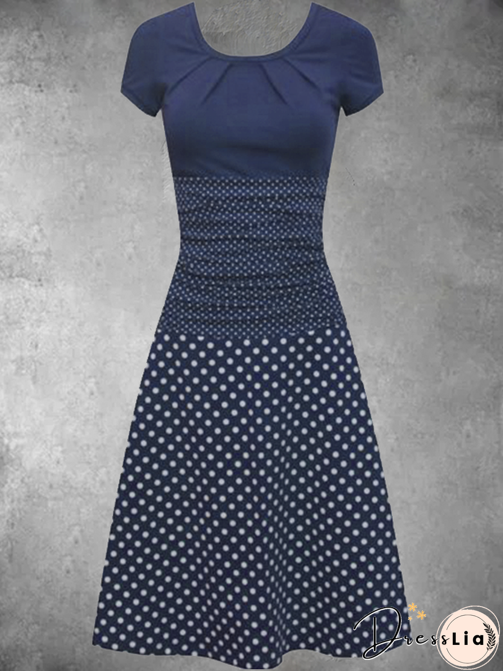 Deep Blue Knitted Short Sleeve Polka Dots Knitting Dress