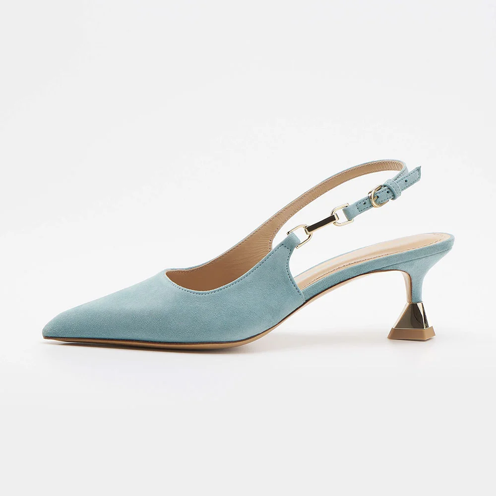 Light Blue Vegan Suede Pointed Toe Buckle Slingback Pumps Heels