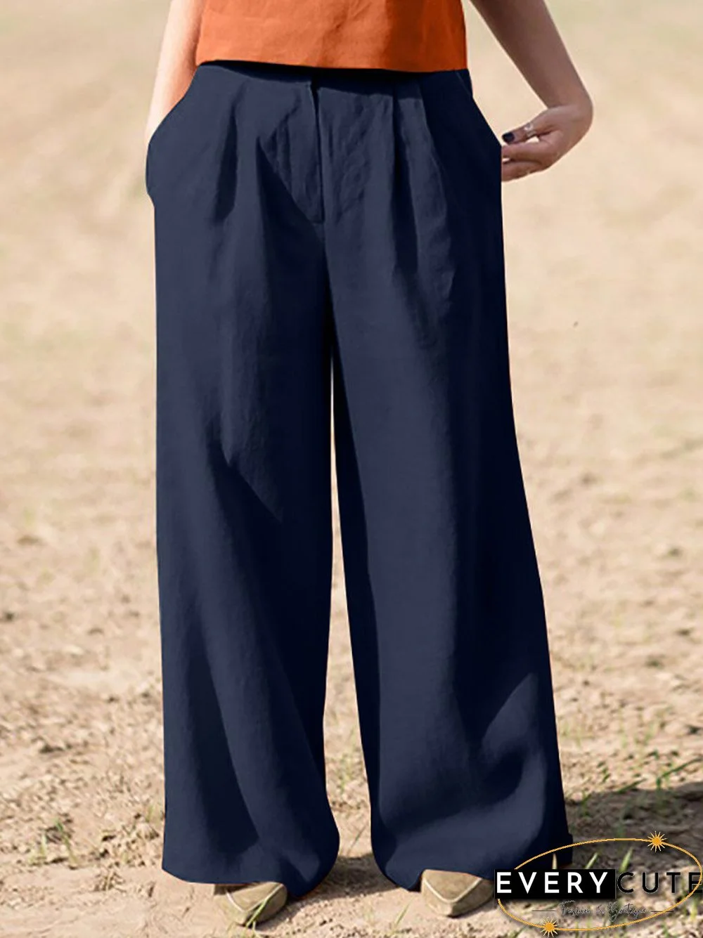 Casual Solid Pocket Wide Leg Pants For Women
