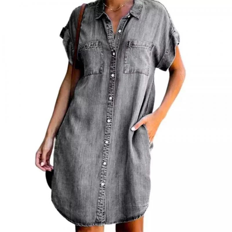 Button Short Sleeve Denim Shirt Mini Dress P10412