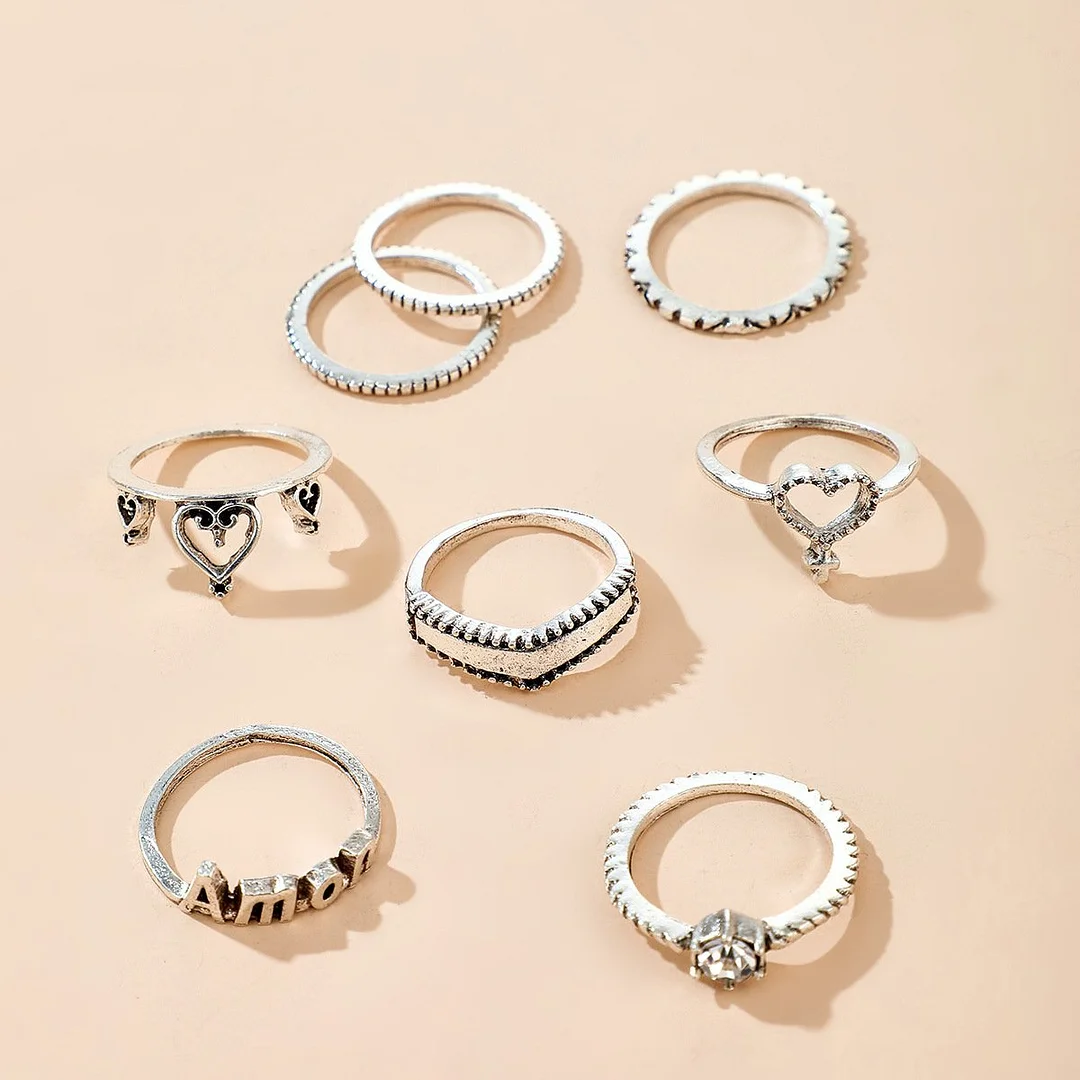 Women plus size clothing 8 Pieces Alloy Heart Geometric Ring Sets Wholesale Cheap Jewelry-Nordswear