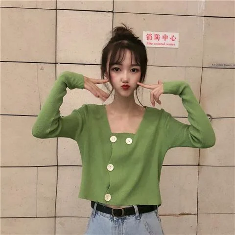 Cardigan Women Square Collar Clavicle Solid Trendy Knitted Korean Style Short Casual Student Sweet Chic Sweater All-match Autumn