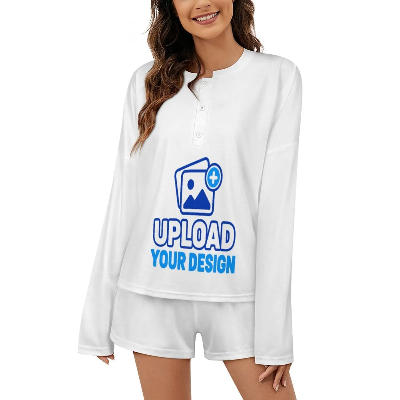 Custom Button-Collar Long-Sleeve Top And Shorts Pajama Set product image 9