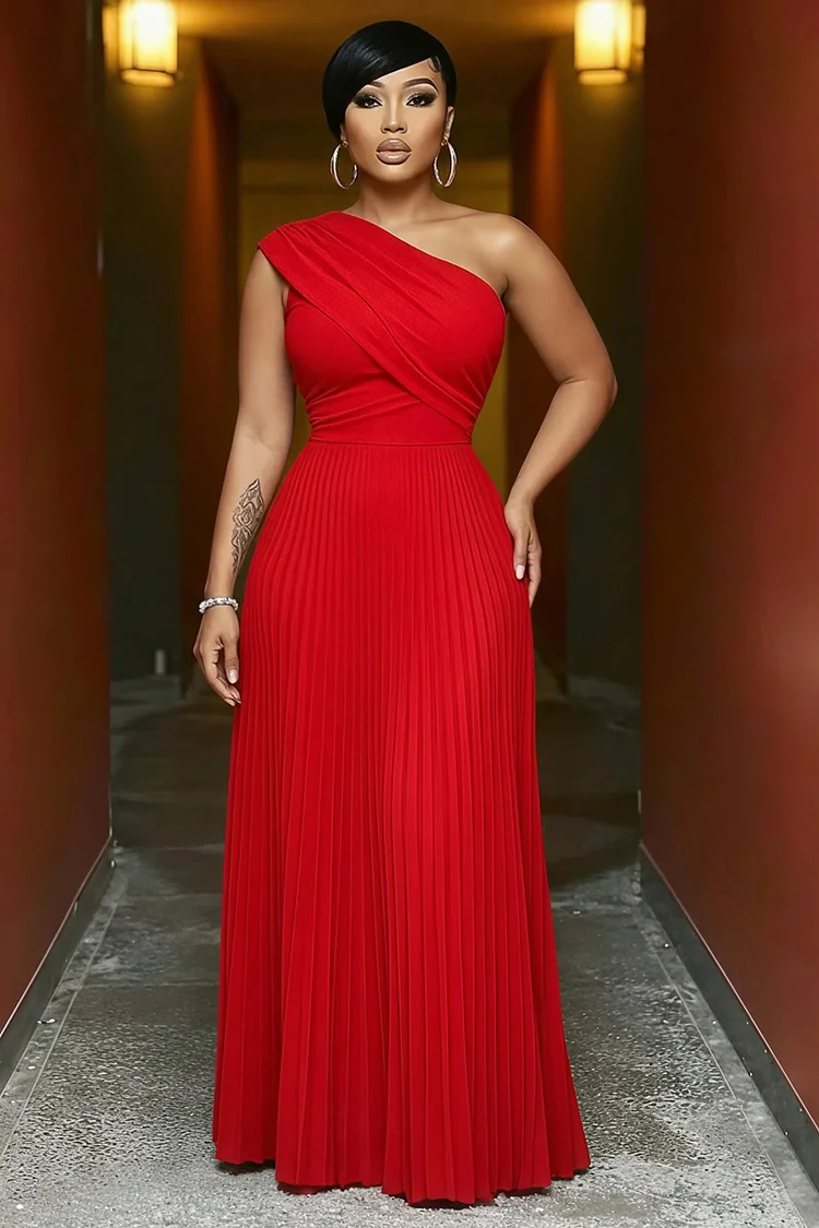 red bouffant dress One Shoulder Sleeveless Pleated Bouffant Party Maxi Dresses-Red