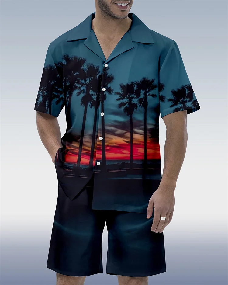Men's Casual Vacation Hawaiian Cuban Collar Short Sleeve Shirt Set
