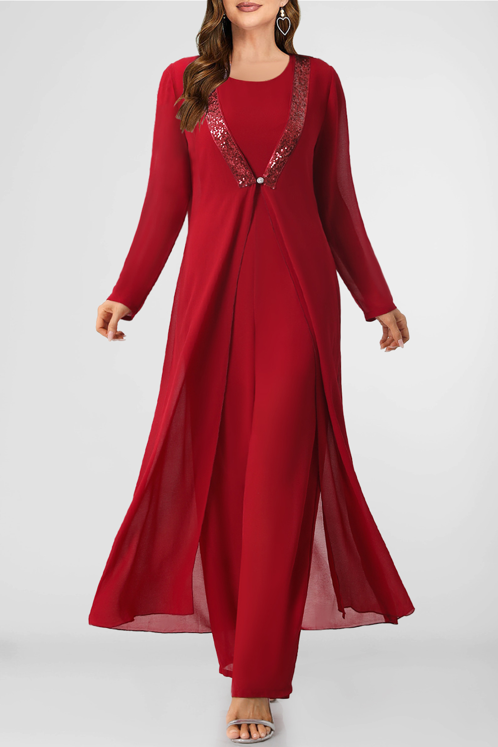 Flycurvy Plus Size Formal Red Chiffon Christmas Two Pieces Jumpsuit With Sequin Decor Jacket 2024 - Flycurvy 