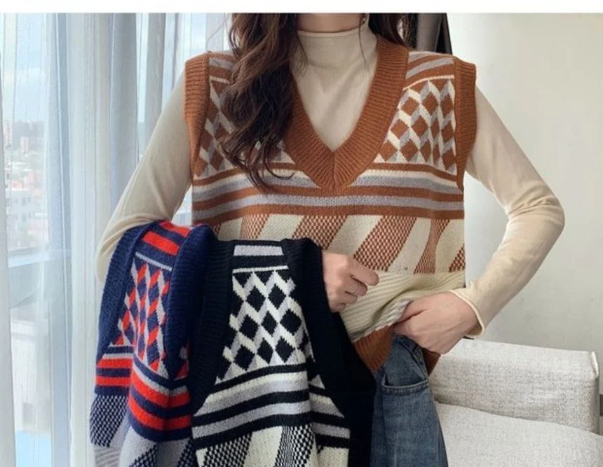 Kawaii Plain Long-Sleeve T-Shirt / Printed Knit Vest YP816