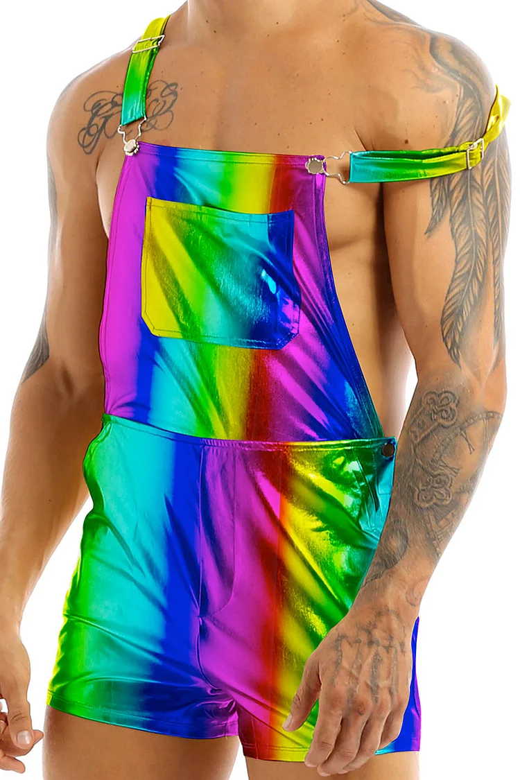 Rainbow Striped Gradient Metallic Coated Suspender Shorts Romper 