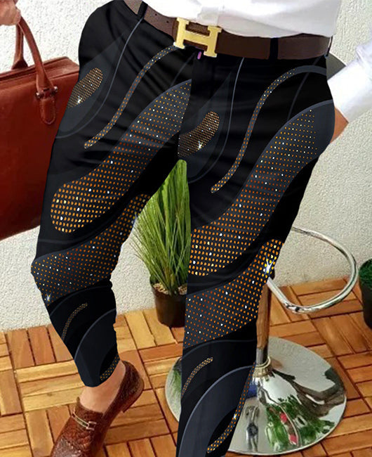 Casual Rhinestone Decor Wavy Line Print Pockets Pencil Pants