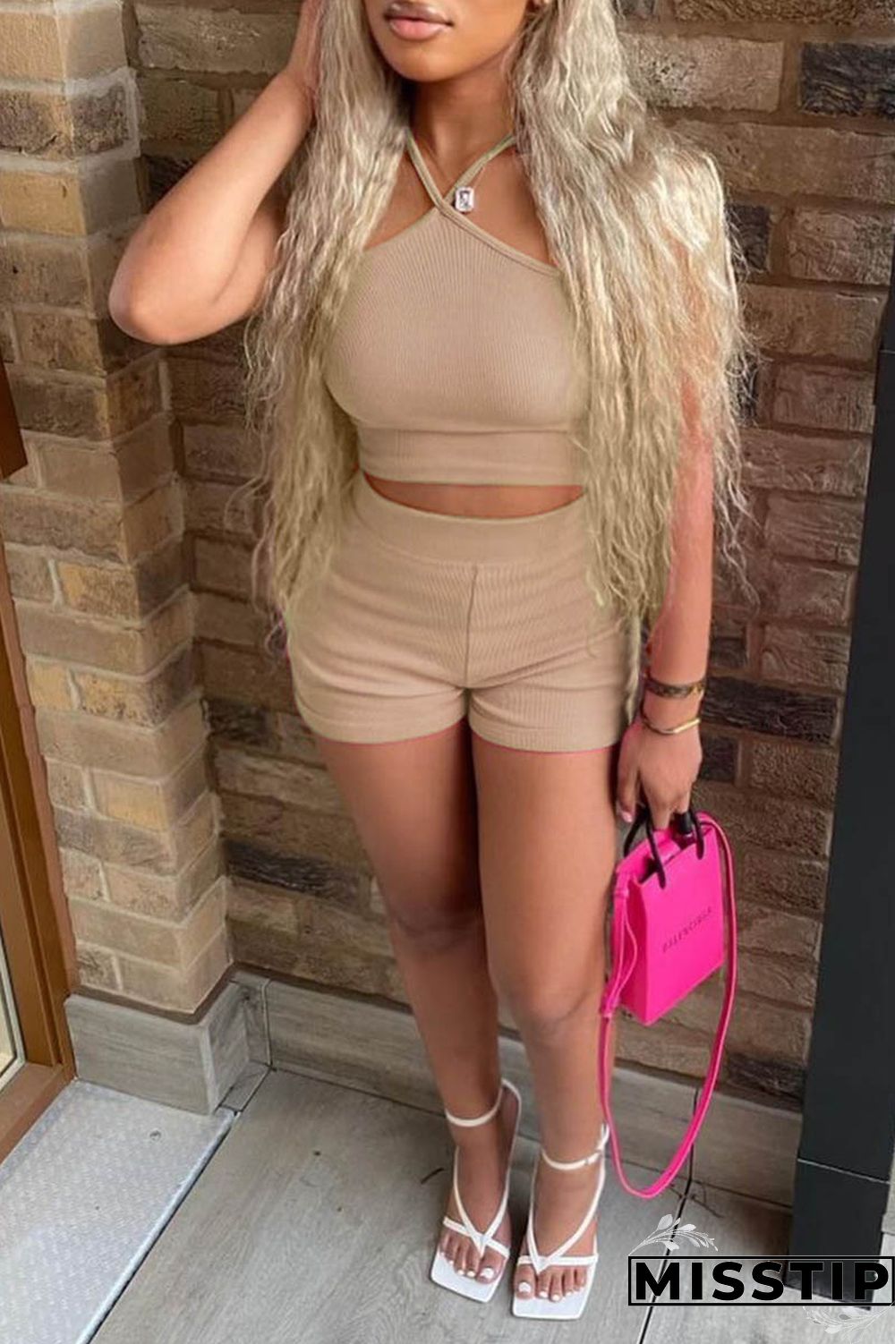 Pink Sexy Casual Solid Backless Spaghetti Strap Sleeveless Two Pieces