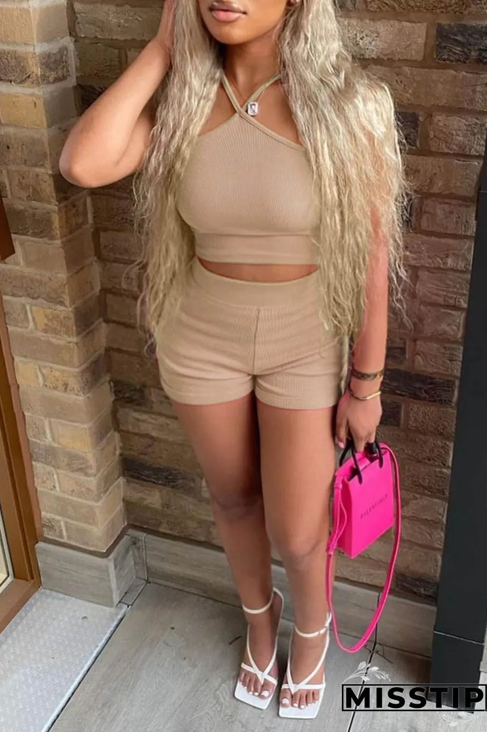 Pink Sexy Casual Solid Backless Spaghetti Strap Sleeveless Two Pieces