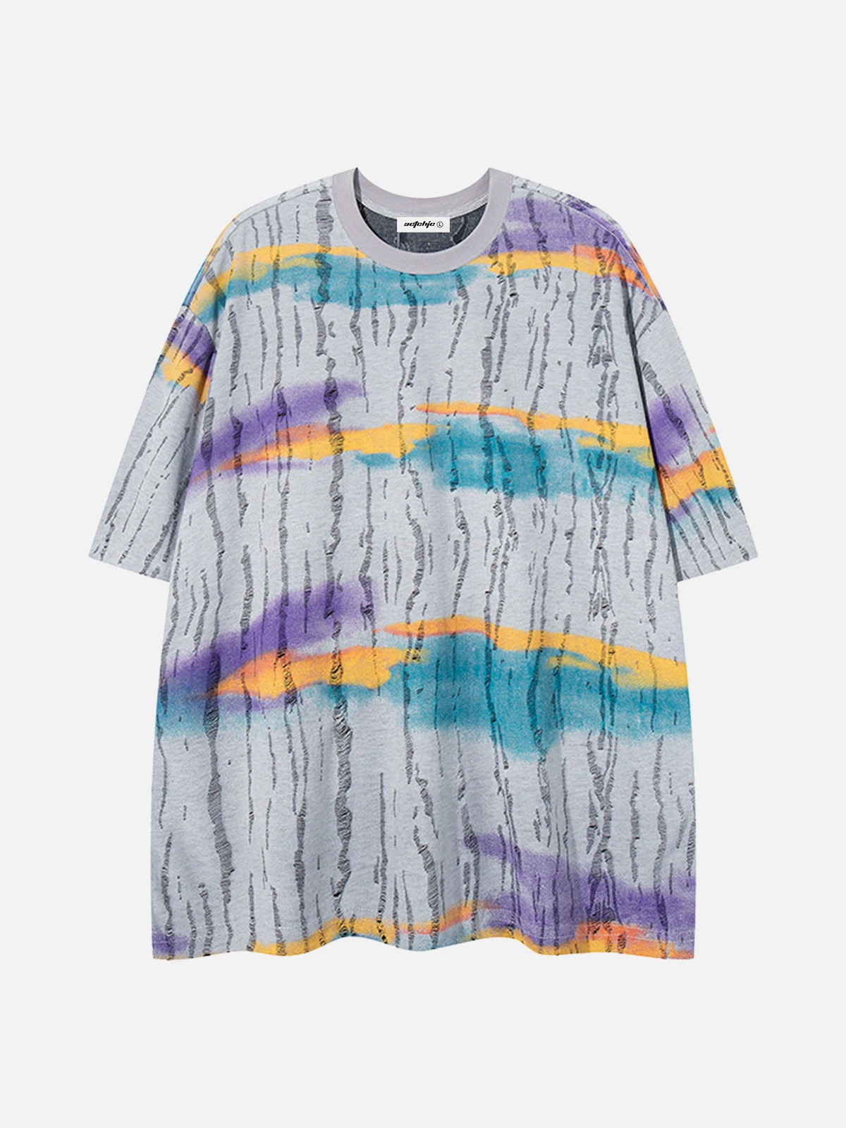 Grey Act Chic Colorful Stripe Distressed Short Sleeve Tee Front