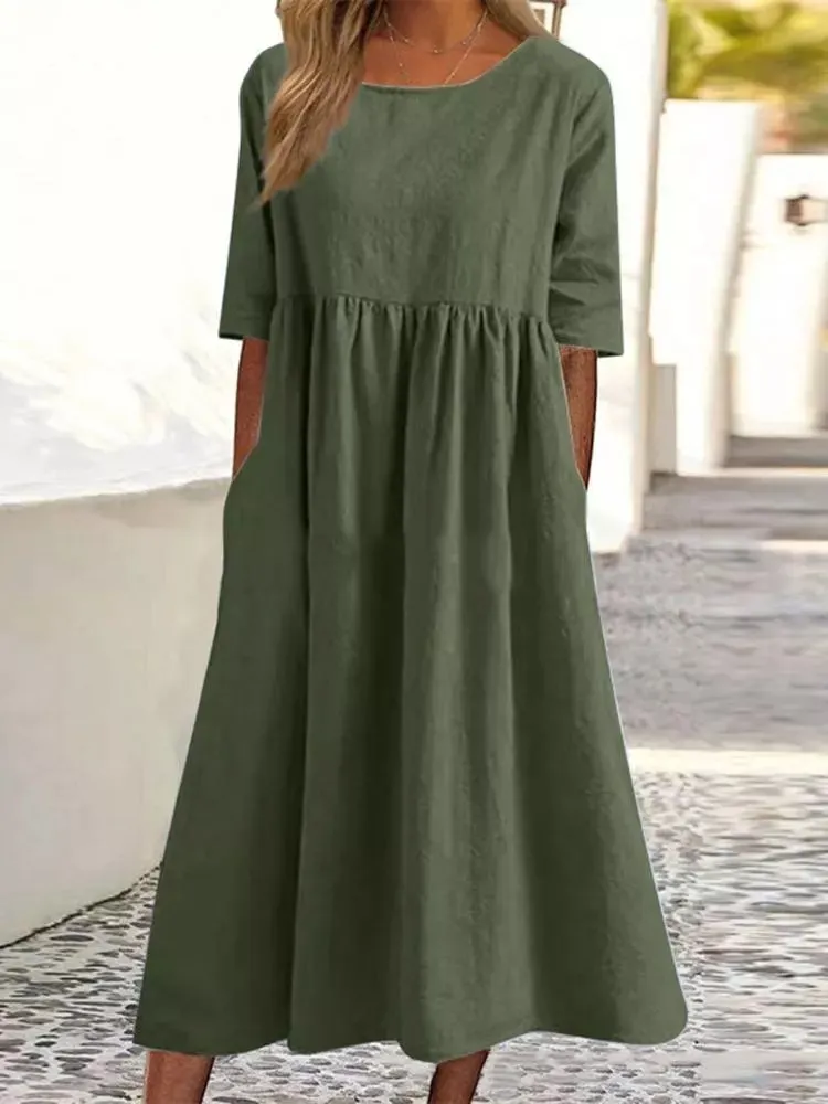 Brownm Brownm Cotton-Sleeved Short-Sleeved Pocket Folded Loose Round-Neck Dress In Summer 2025
