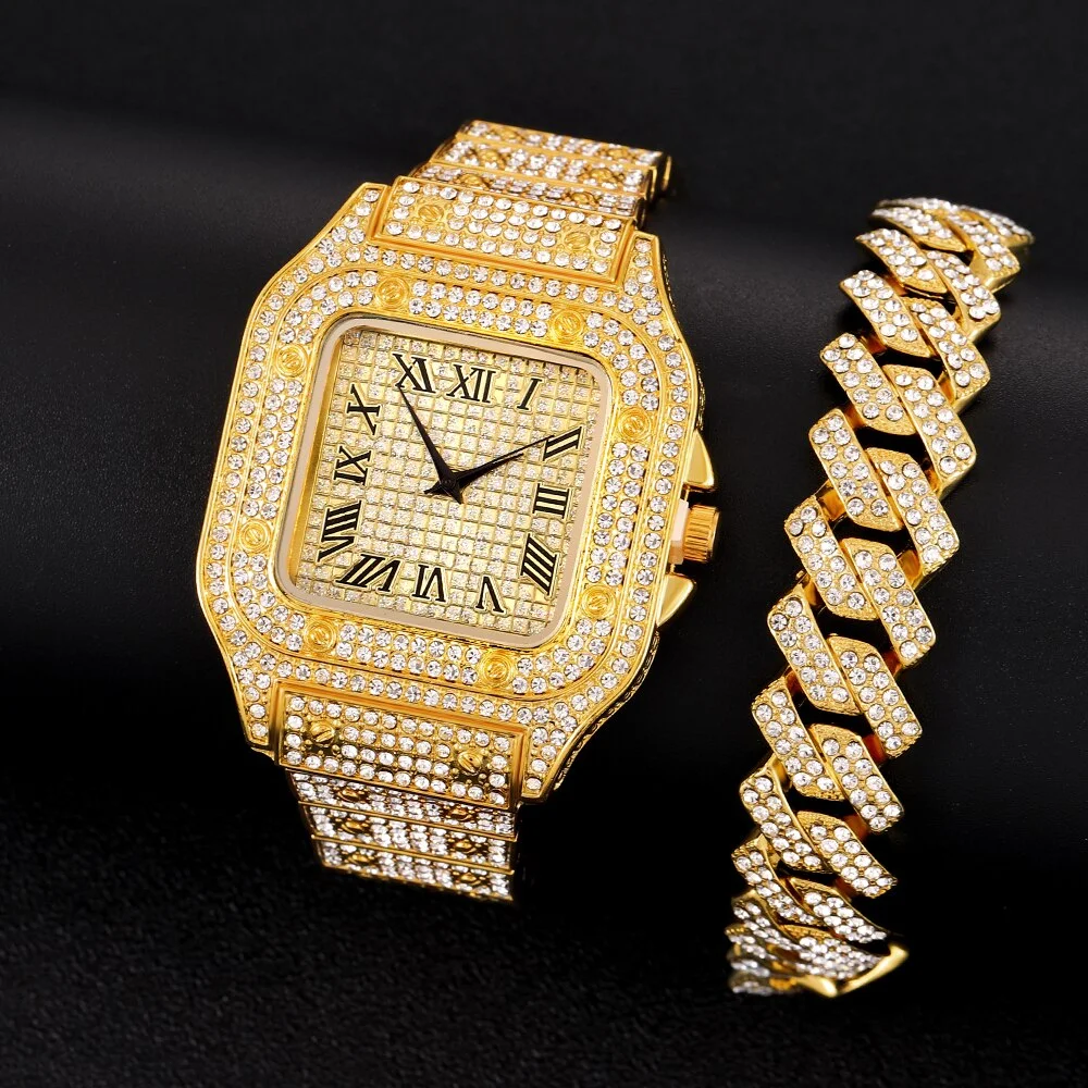 2PCS Iced Out Square Watch+13MM Cuban Link Bracelet Men's Jewelry Set-VESSFUL