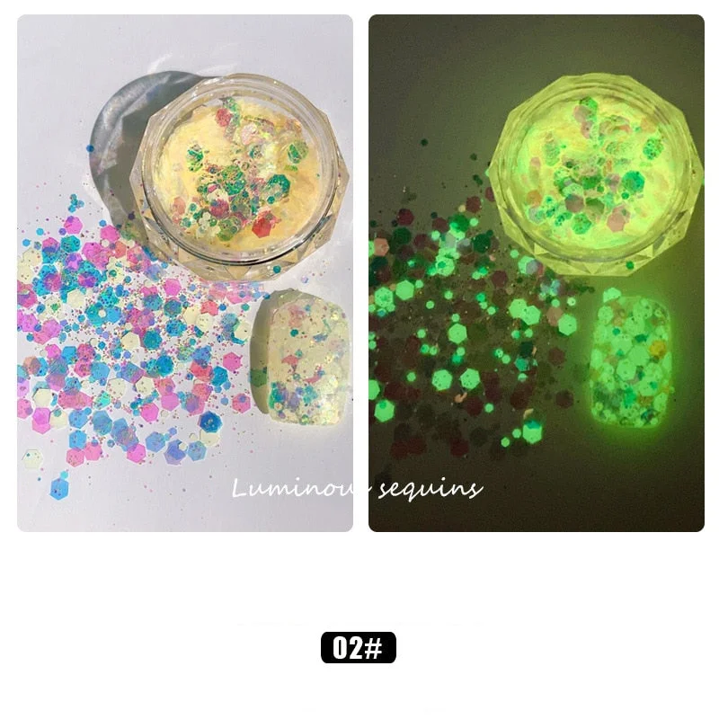 1 Box Luminous Nail Glitter Neon Hexagon Fluorescent Flake Glow in the Dark Sequin Nails Art Decorations Manicure Accessories-Nail Inspo