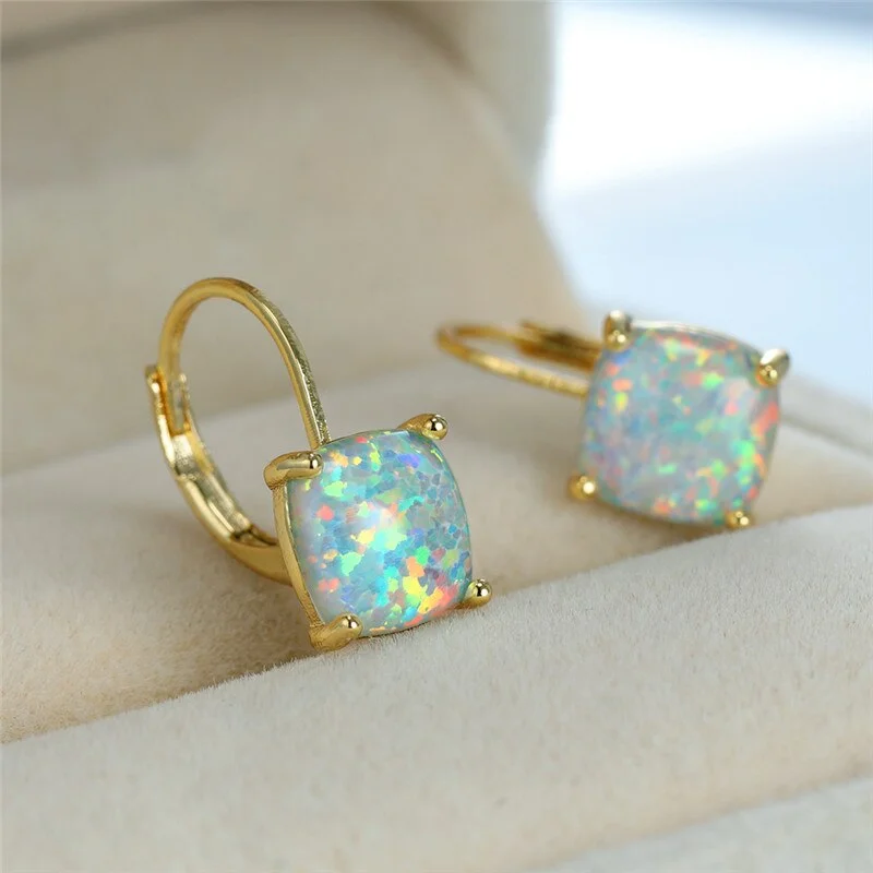 Classic Female Rainbow Opal Stone Earrings Charm Square Small Hoop Earrings Trendy Bridal Gold Color Wedding Earrings For Women