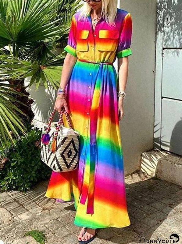 Mid-sleeve Rainbow Casual Long Skirt
