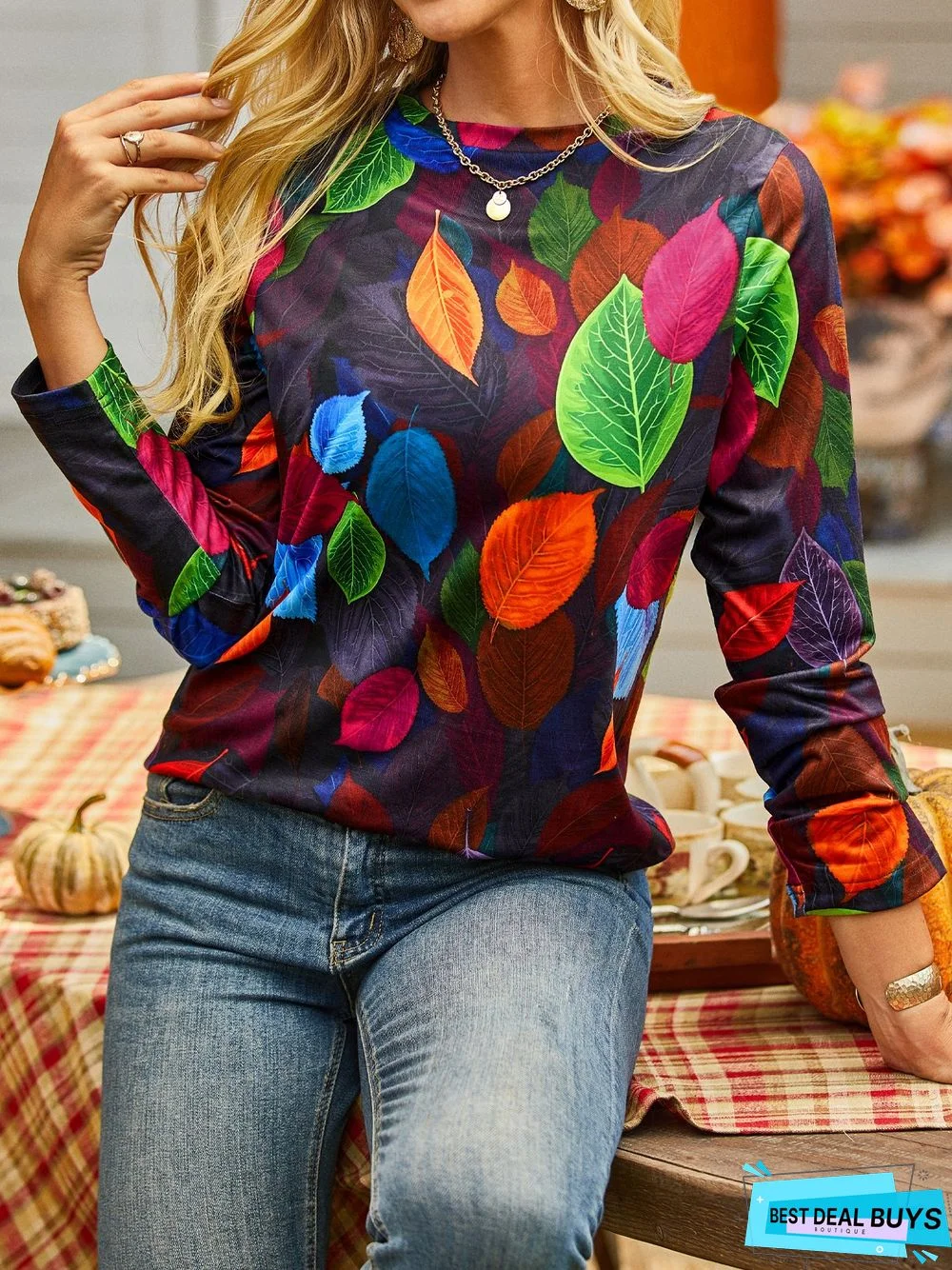 Casual Crew Neck Leaves Long Sleeve T-shirt