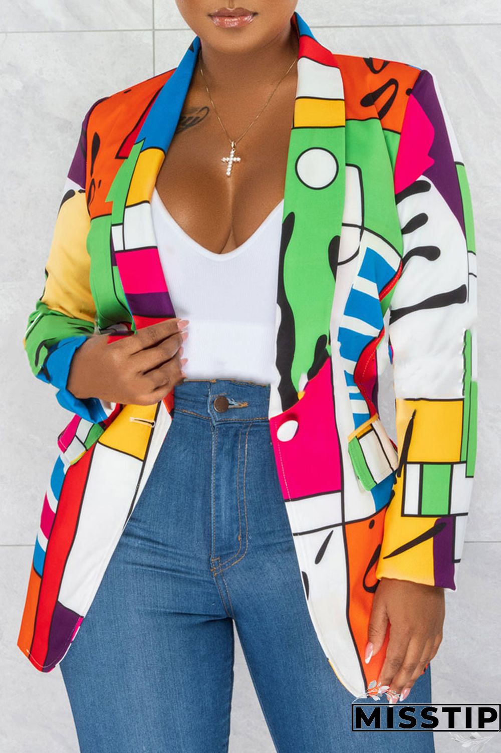 Green Fashion Casual Print Patchwork Cardigan Turn-back Collar Outerwear