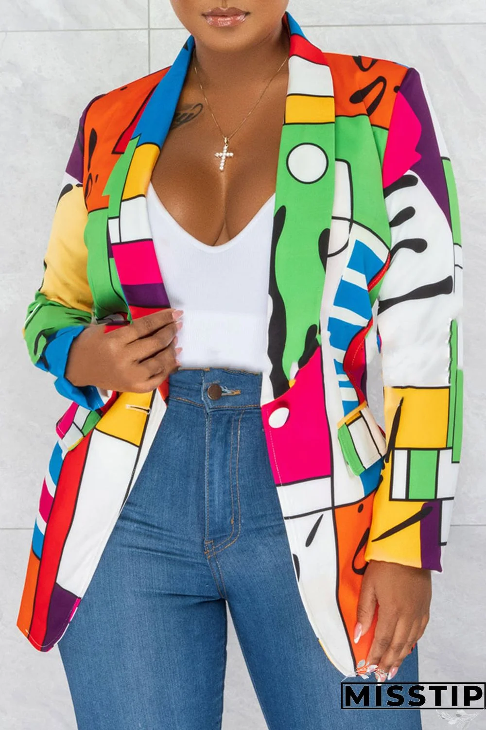 Green Fashion Casual Print Patchwork Cardigan Turn-back Collar Outerwear