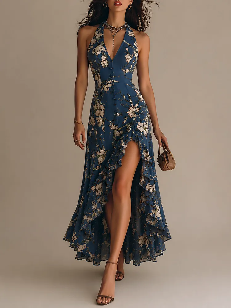 Vintage Halter-neck Printed Maxi Dress With A High Slit And Ruffled Hem