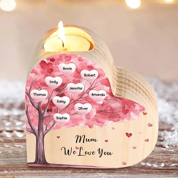 9 Names-Personalized Pink Heart Tree Heart-Shape Candlestick Set With Gift Box Custom Text  Mother's Day Gift Wooden Custom Candle Holder For Family