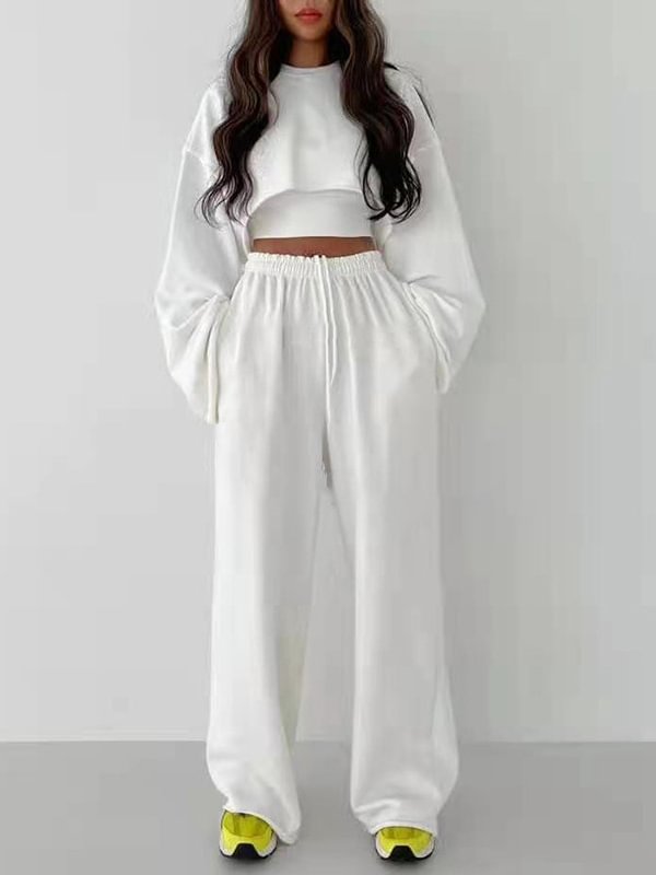 Stylish Solid Color Long Sleeve Cropped Sweatershirt+Wide-Leg Pants Three-Piece Suit