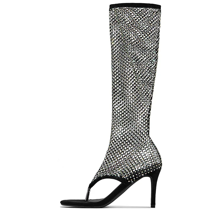 Women's Rhinestones Knee Boots Elegant Stiletto Heel Nets Sandal Boot |FSJ Shoes