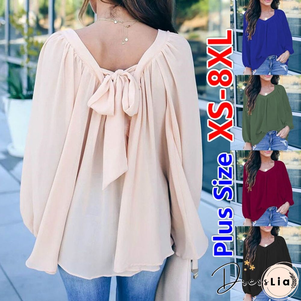 Plus Size XS-8XL Women's Fashion Clothes Pure Color Long Sleeve Shirts Elegant Ladies Casual V-neck Tops Spring and Autumn Bow-knot Lace Up Loose Chiffon Blouse