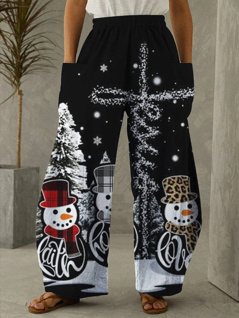 Christmas Black Snowman Print Vintage Casual Loose Pants