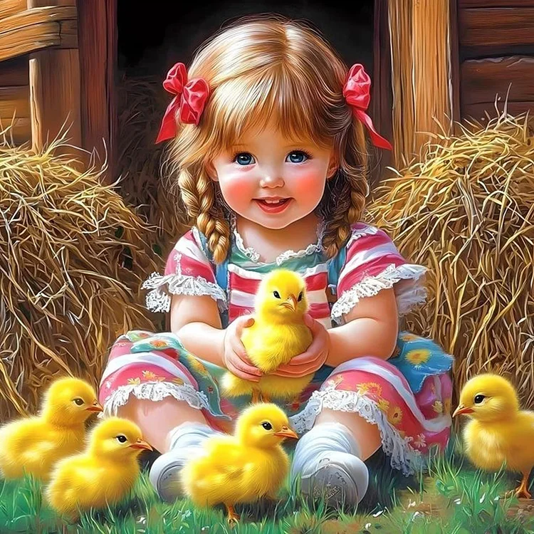 Little Girl And Chick 40*40CM (Canvas) Full Round Drill Diamond Painting gbfke