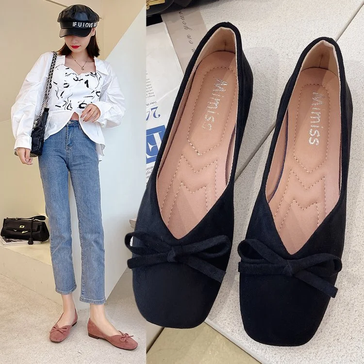 Women Flats Slip on Flat Shoes Round Toe Shallow Butterfly-knot Ballerina Slip on Loafers Faux Suede Lady Ballet Plus Size 35-40