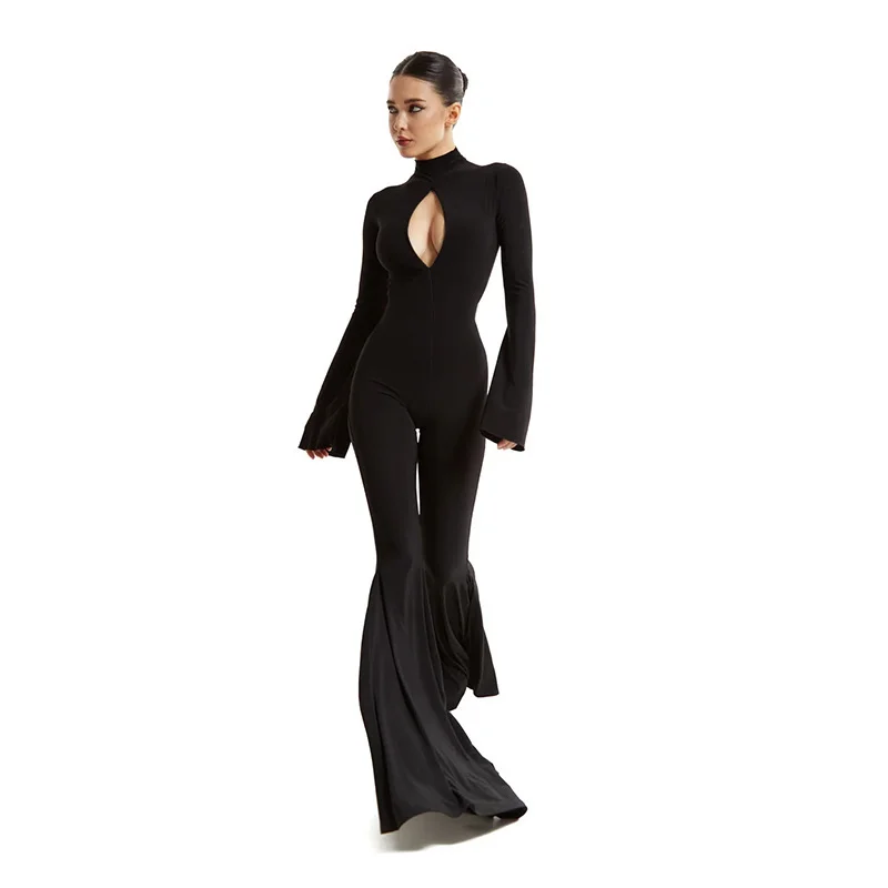 Uveng Uveng Women's Wear Sexy Slim Hollow Long Sleeve Jumpsuit Mop Ground Horn Trousers