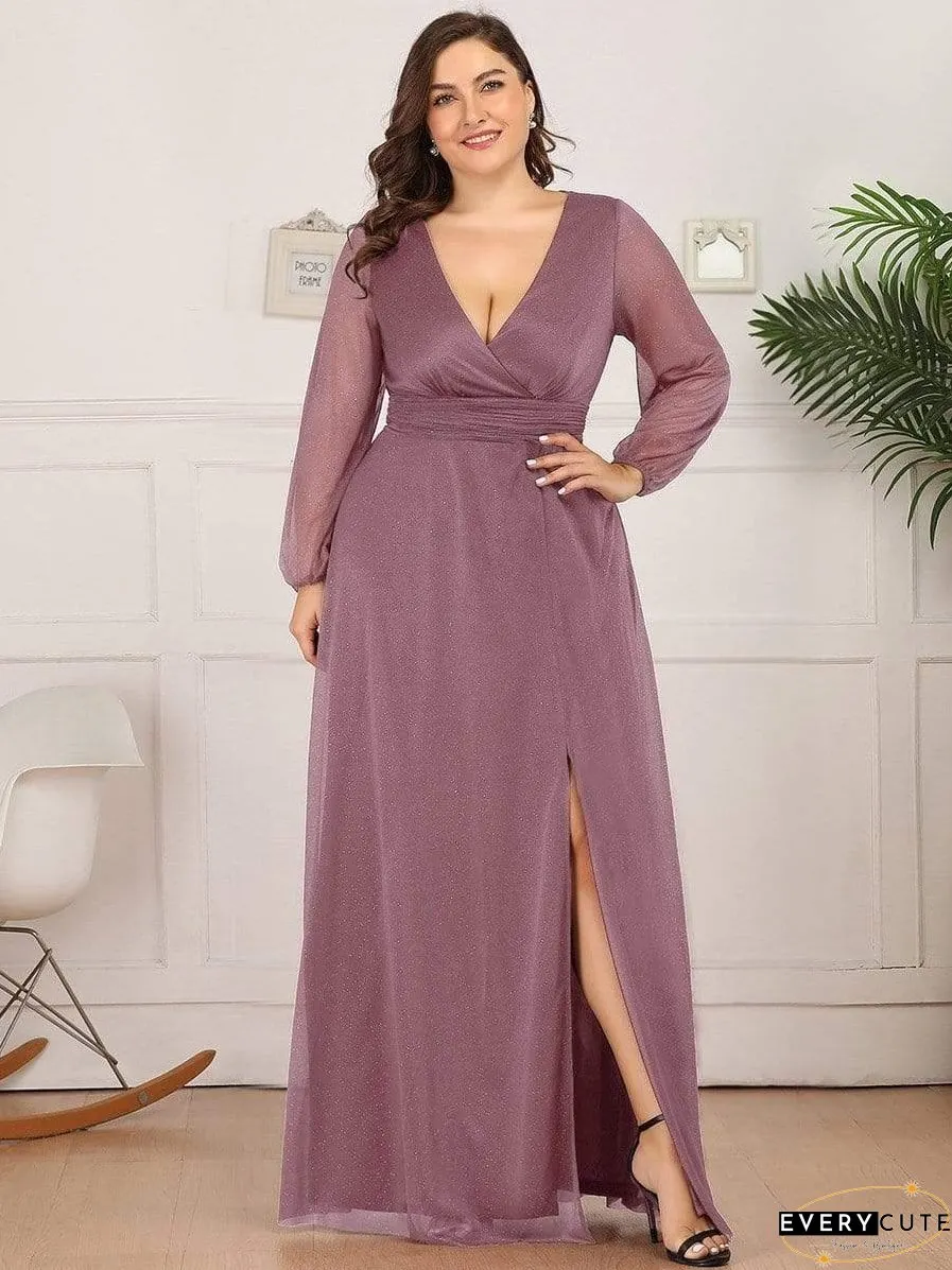 Shiny Puff Sleeve V-Neck Evening Gown for Curvy Women