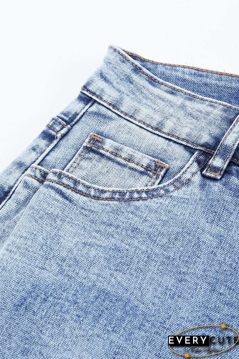 Light Blue Washed Holes Ripped Wide Leg Jeans