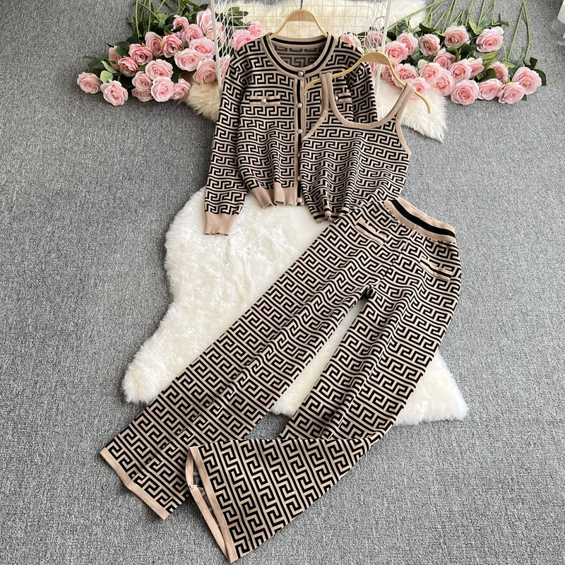 Zingj Zingj Suit Female Round Collar Jacquard Cardigan Coat Vest Three-Piece High Waist Slim Straight Wide Leg Pants