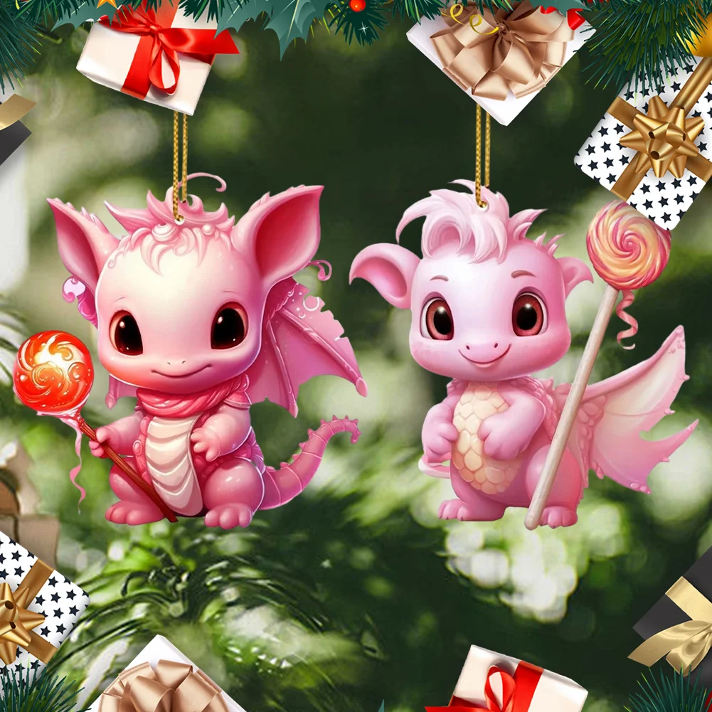 2 PCS Acrylic Pink Dinosaur 2D Flat Xmas Hanging Pendant New Year Birthday Gifts