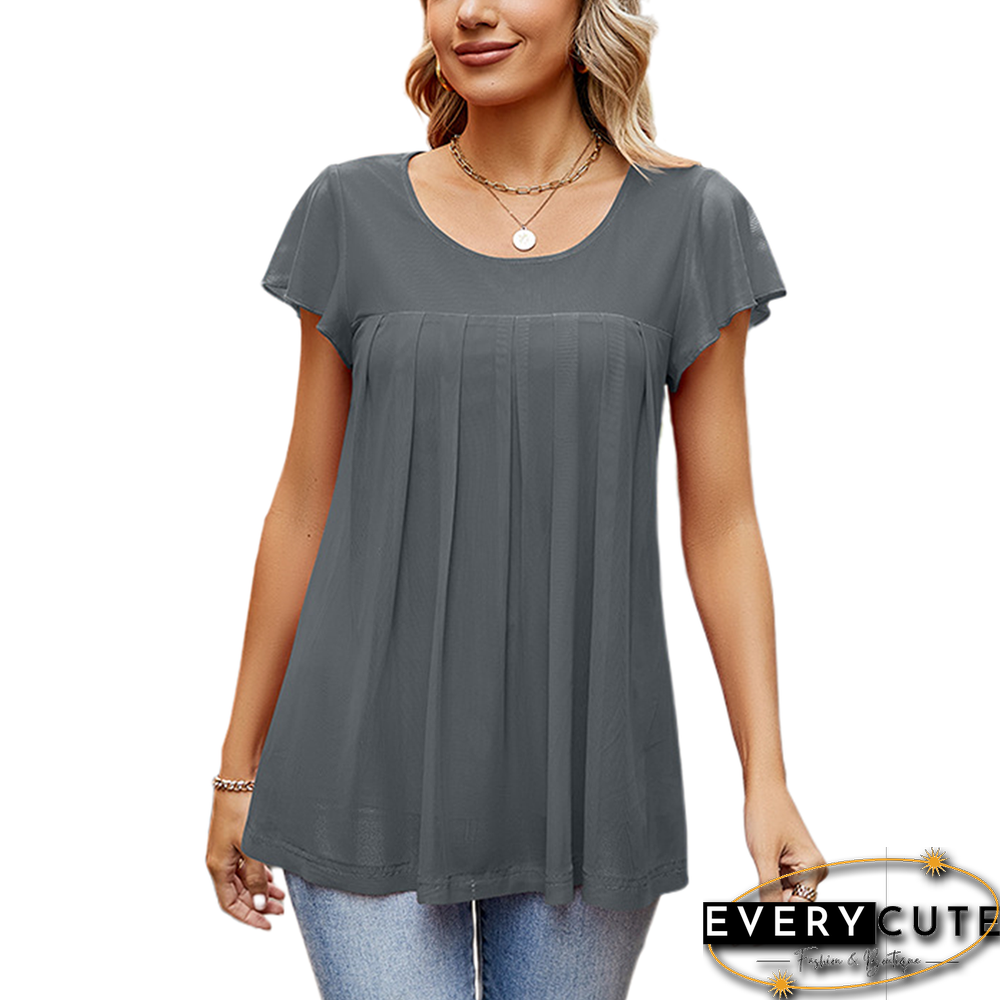 Gray Solid Splicing Mesh Tunic Tops