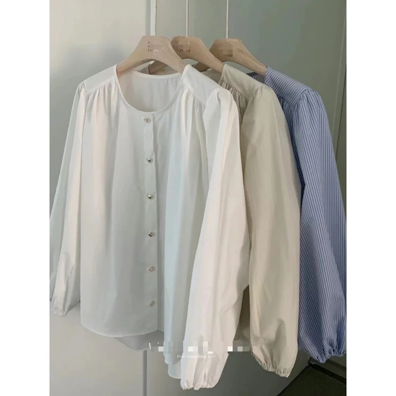 Uveng Uveng And Summer 2024 South Korea Dongdaemun New Design Sense Of Small Chic Button Round-Neck Long-Sleeved Shirt Woman