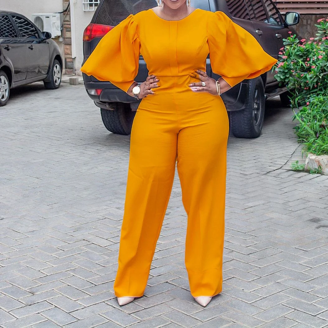 Long-sleeved high-waisted solid-color jumpsuit-zachics