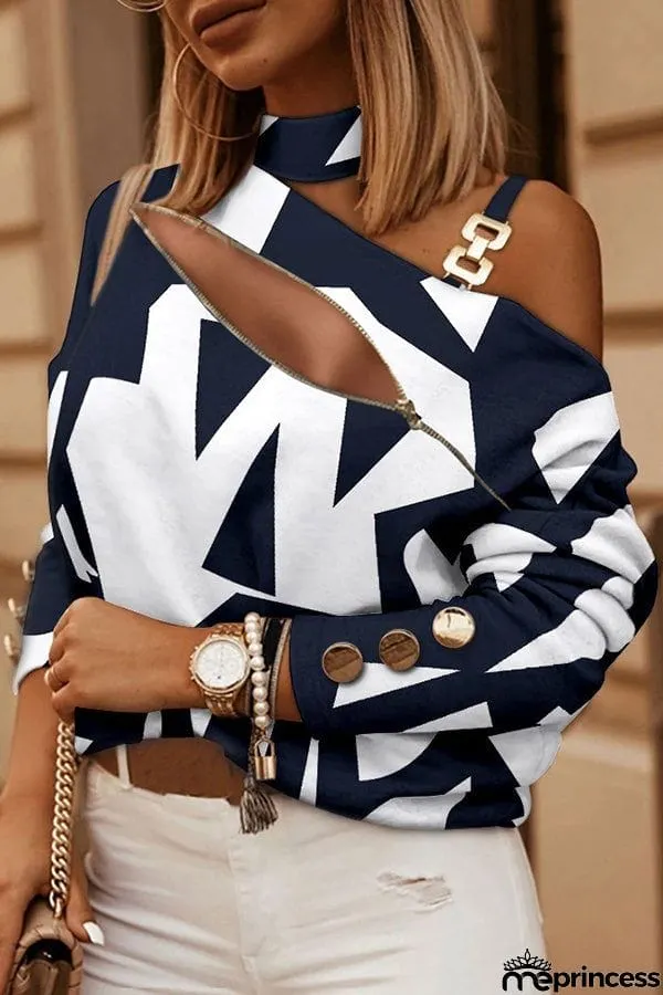Flawless Printed Zipper Cold Shoulder Loose Top