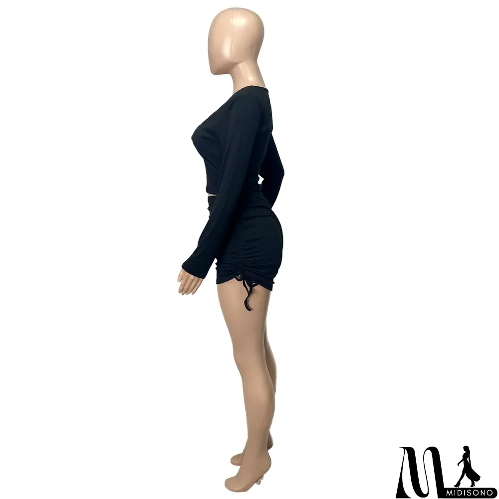 MidiSono - Women Spring Casual U Neck Long Sleeve Top+Pleated Shorts Two Piece