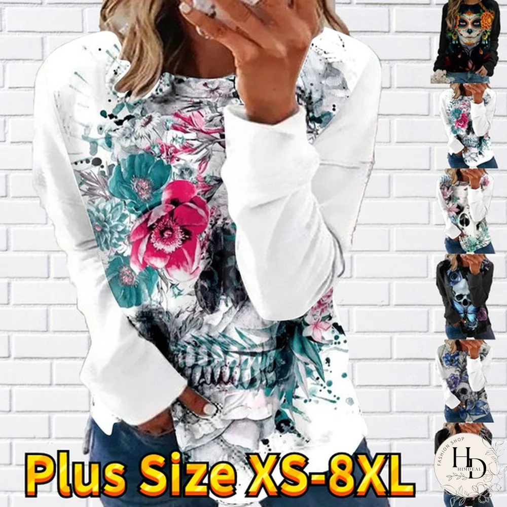 Autuan Winter Fashion Women Clothing Feather Animal Printed Casual Sweatshirt Long Sleeve Tops T-shirt Blouse Ladies Round Neck Pullover Sweater Plus Size XS-8XL