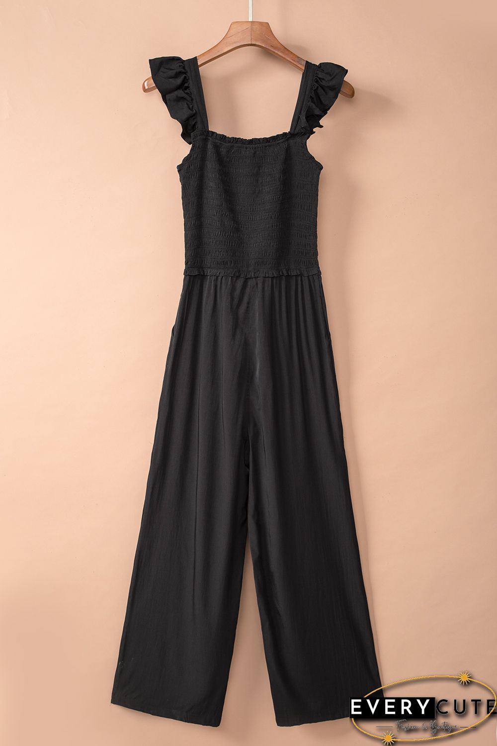 Smocked Pocketed Ruffled Sleeveless Wide Leg Jumpsuit