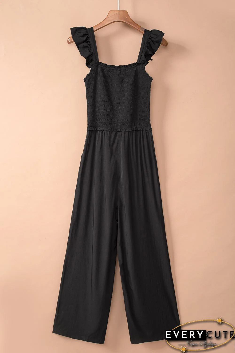 Smocked Pocketed Ruffled Sleeveless Wide Leg Jumpsuit
