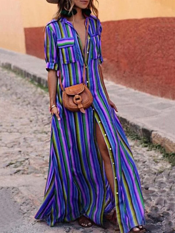 Split-Joint Striped Long Sleeves Loose Lapel Shirt Dress Maxi Dresses