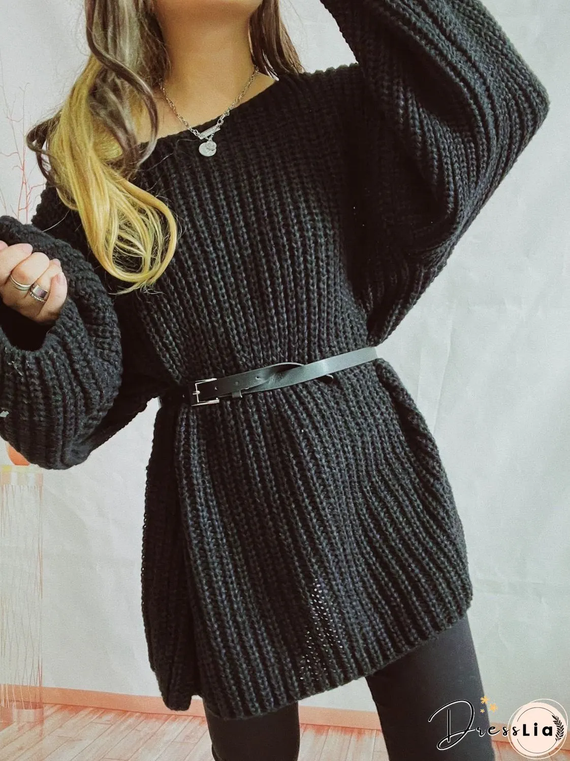 Boat Neck Long Sleeve Sweater with Belt