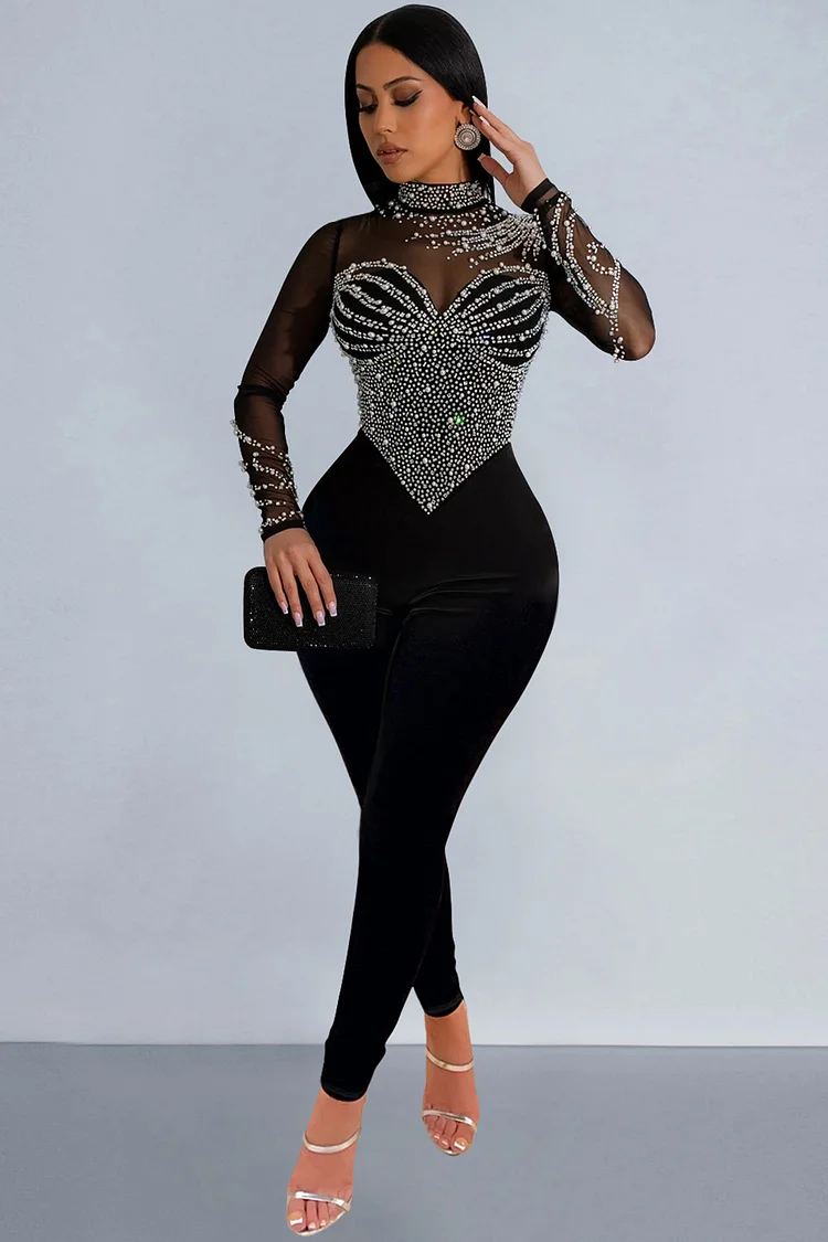 Mesh Rhinestone Embellished Bodice Jumpsuit-Black