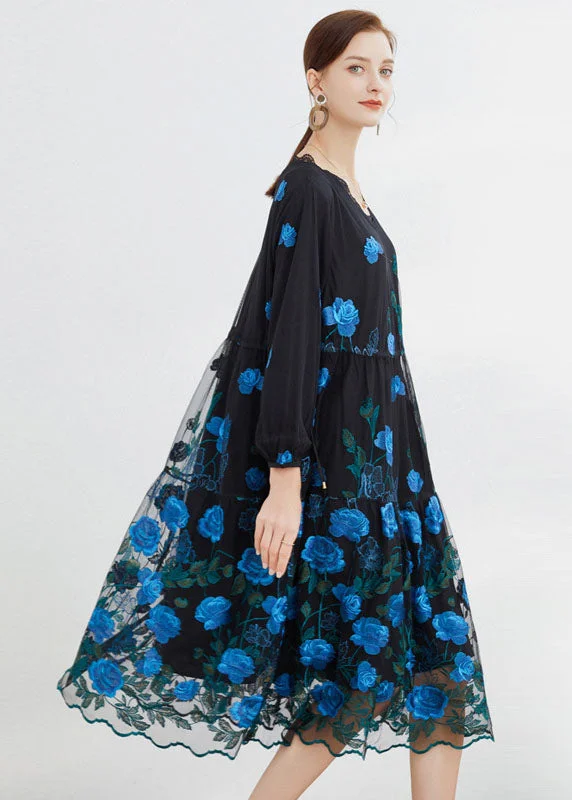 Beautiful Blue Embroideried Floral Tulle Long Dresses Long Sleeve