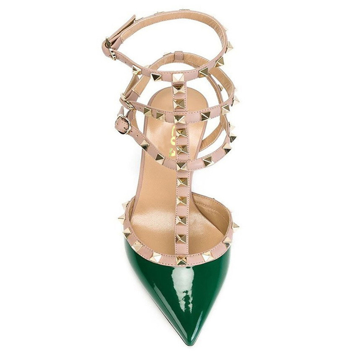 65mm Women's Low Heels Rivets Green Sandals-vocosishoes